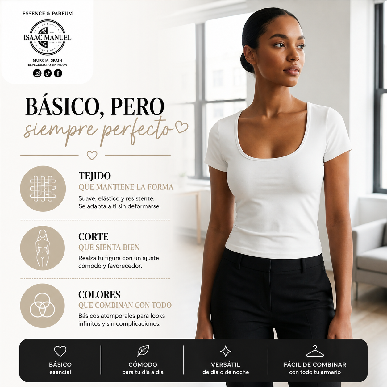 Camiseta Básica Mujer Manga Corta Escote Redondo | Talla Única | Blanco y Negro