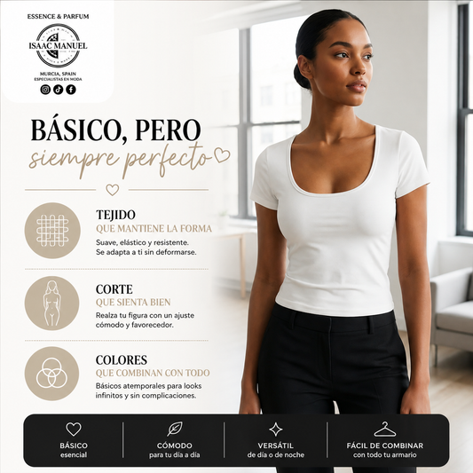 Camiseta Básica Mujer Manga Corta Escote Redondo | Talla Única | Blanco y Negro