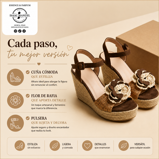 Sandalia Cuña Esparteña con Flor de Rafia y Pulsera Mujer | Estilo Mediterráneo | Camel | Tallas 36-41