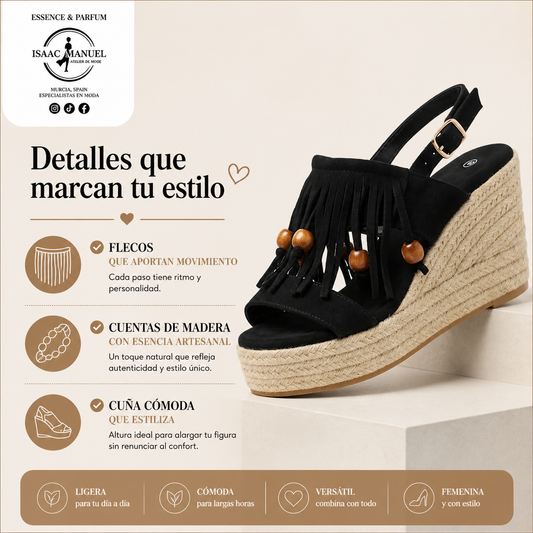 Sandalia Cuña Esparteña con Flecos y Cuentas de Madera Mujer | Estilo Boho-Chic | Negro | Tallas 36-41