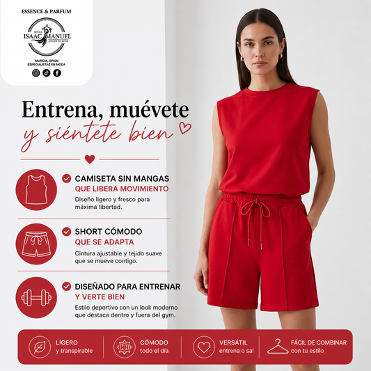 Conjunto Deportivo Mujer Camiseta Sin Mangas y Short | Talla Única | Rojo, Negro, Rosa, Azul y Amarillo