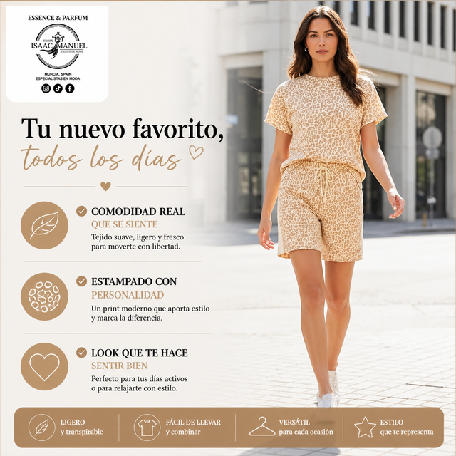 Conjunto Loungewear Leopardo Mujer Camiseta + Short | Talla Única | Azul, Rosa, Verde, Marrón y Beige