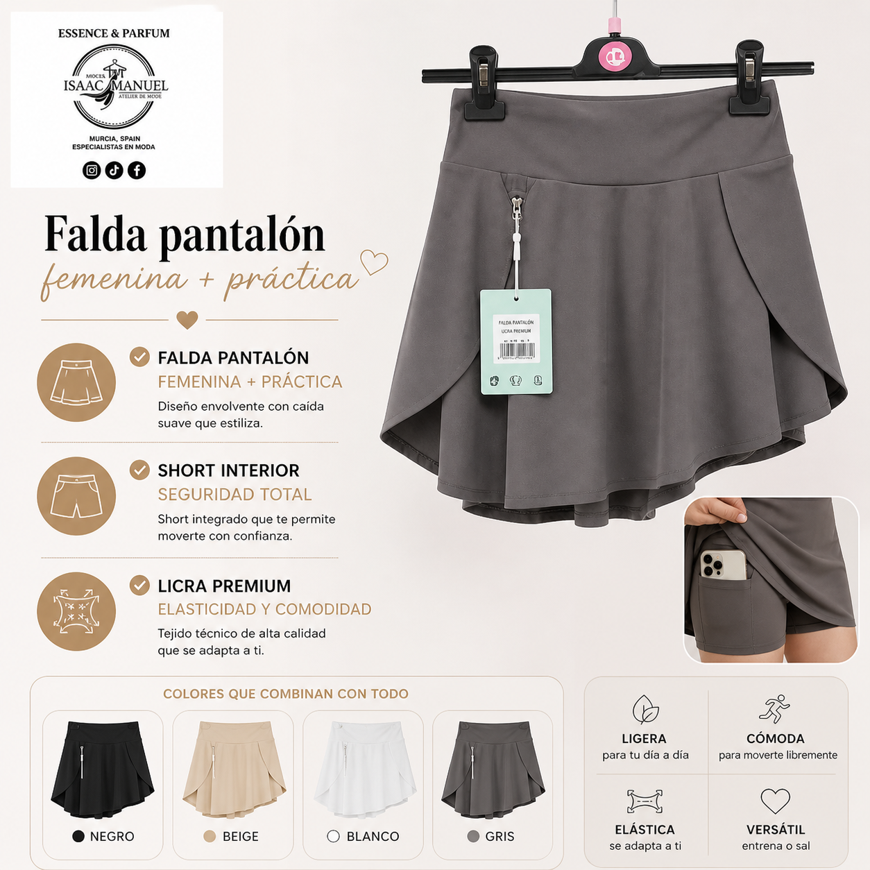 Falda Pantalón Licra Mujer con Short Interior | Ideal Pádel y Tenis | Negro, Beige, Blanco y Gris | S/M y L/XL