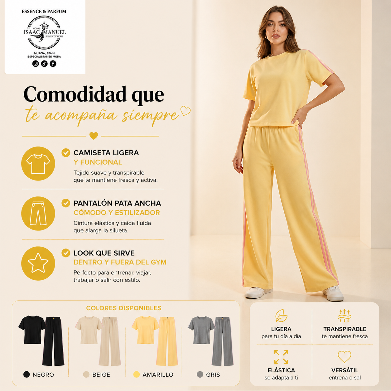 Conjunto Deportivo Mujer Camiseta Manga Corta y Pantalón Pata Ancha | Talla Única | Amarillo, Beige, Gris, Blanco y Azul