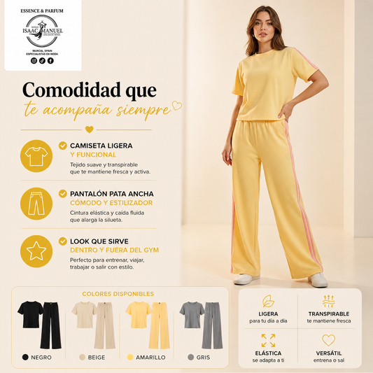 Conjunto Deportivo Mujer Camiseta Manga Corta y Pantalón Pata Ancha | Talla Única | Amarillo, Beige, Gris, Blanco y Azul