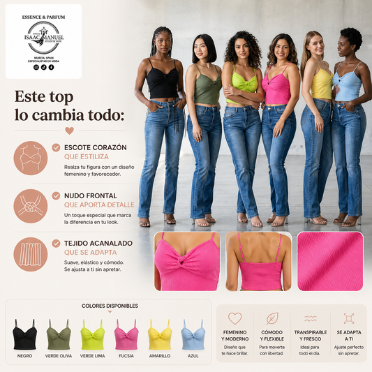 Top Crop Acanalado Nudo Frontal Mujer | Escote Corazón | Talla Única | Negro, Verde, Amarillo, Azul y Púrpura
