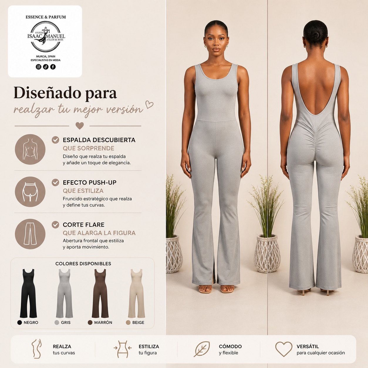 Enterizo Flare Mujer con Espalda Descubierta y Efecto Push-Up | Bota Acampanada | Negro, Gris, Rosa y Azul | S/M y M/L