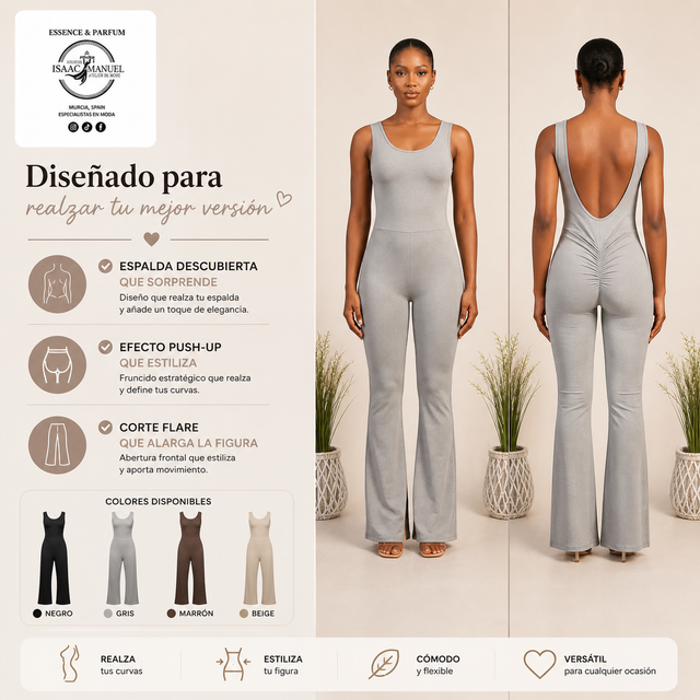 Enterizo Flare Mujer con Espalda Descubierta y Efecto Push-Up | Bota Acampanada | Negro, Gris, Rosa y Azul | S/M y M/L