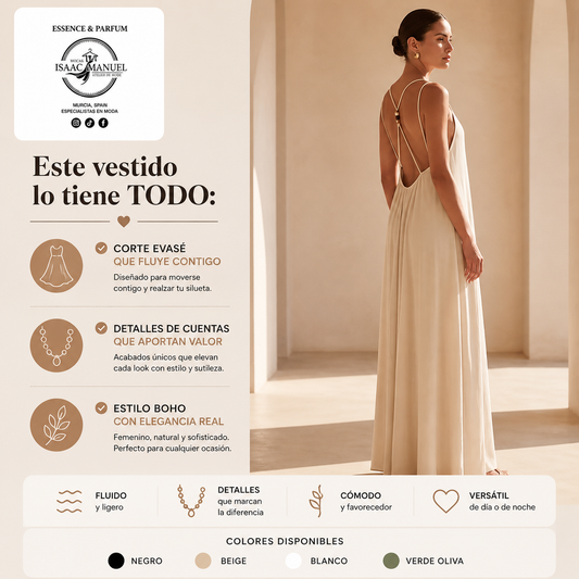 Vestido Maxi Bohemio con Detalle de Cuentas Mujer | Corte Evasé Fluido | Amarillo, Beige y Púrpura | Talla Única