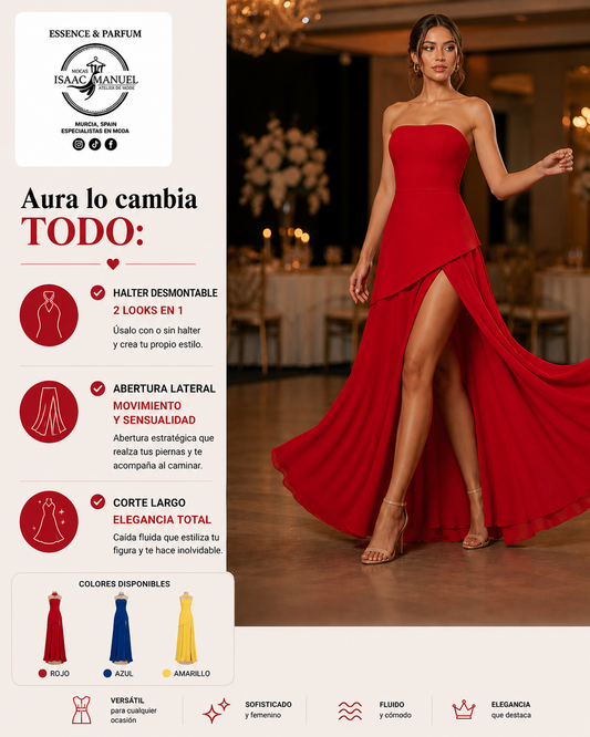 Vestido de Fiesta Largo "Aura" Mujer | Halter Desmontable y Abertura Lateral | Talla Única | Púrpura, Amarillo, Azul y Rojo