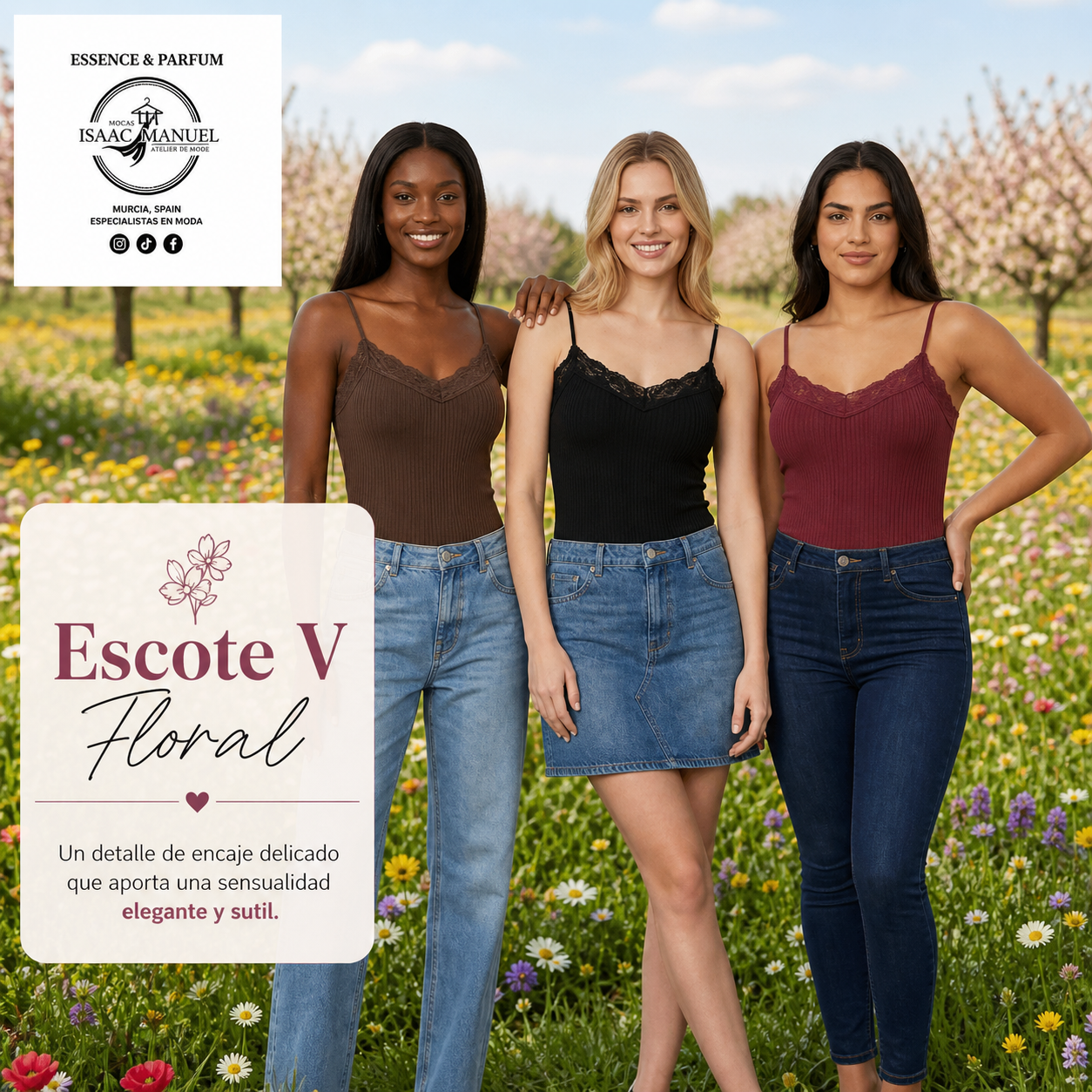 Body Acanalado con Encaje Mujer | Escote V Floral | Burdeos, Negro y Marrón | Talla Única