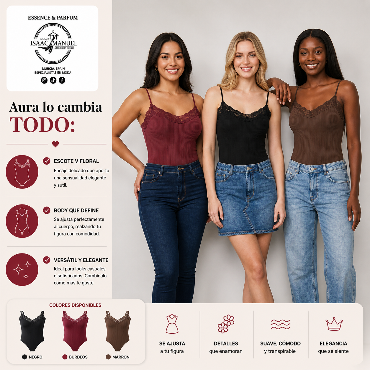 Body Acanalado con Encaje Mujer | Escote V Floral | Burdeos, Negro y Marrón | Talla Única