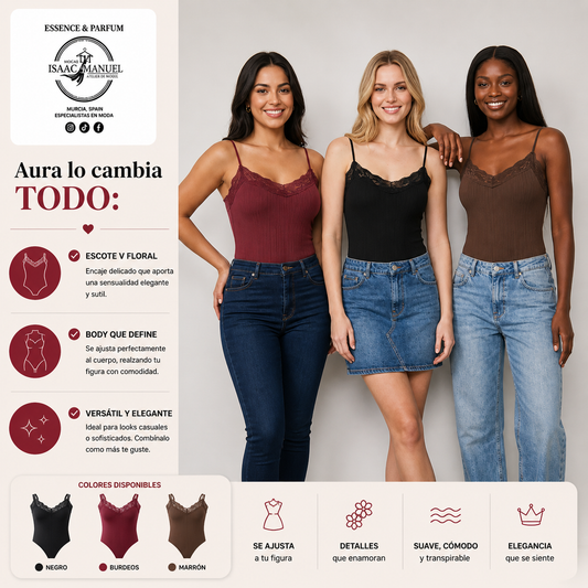 Body Acanalado con Encaje Mujer | Escote V Floral | Burdeos, Negro y Marrón | Talla Única