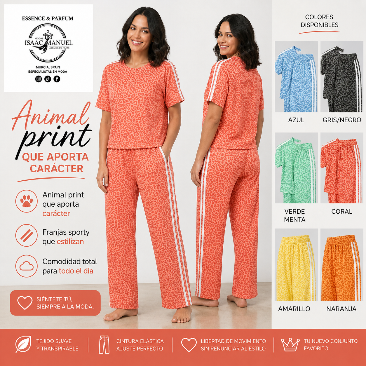 Conjunto Loungewear Leopardo Mujer Sporty Relax | Camiseta + Pantalón Franjas | Talla Única | 6 Colores