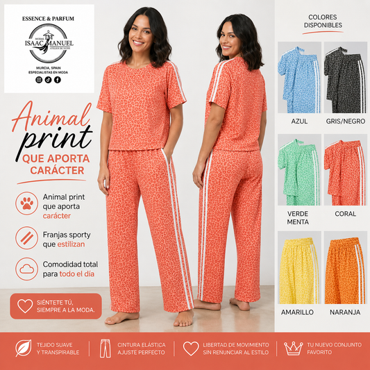 Conjunto Loungewear Leopardo Mujer Sporty Relax | Camiseta + Pantalón Franjas | Talla Única | 6 Colores