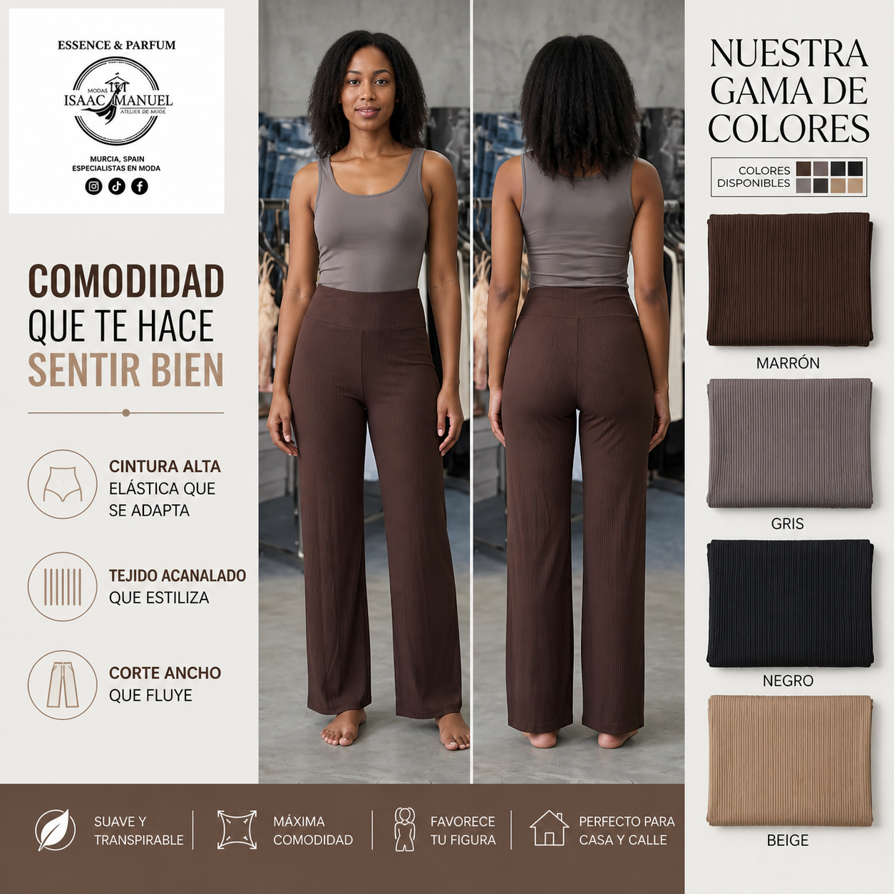 Pantalón Ancho Acanalado Mujer Palazzo | Cintura Alta Elástica Textura Rib | Marrón, Gris, Negro y Azul