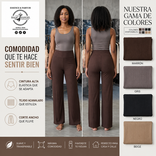 Pantalón Ancho Acanalado Mujer Palazzo | Cintura Alta Elástica Textura Rib | Marrón, Gris, Negro y Azul