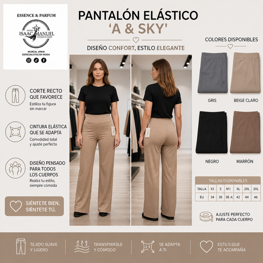 Pantalón Elástico Mujer Corte Recto A & Sky | Cintura Elástica | Beige y Tostado | Tallas XS-3XL