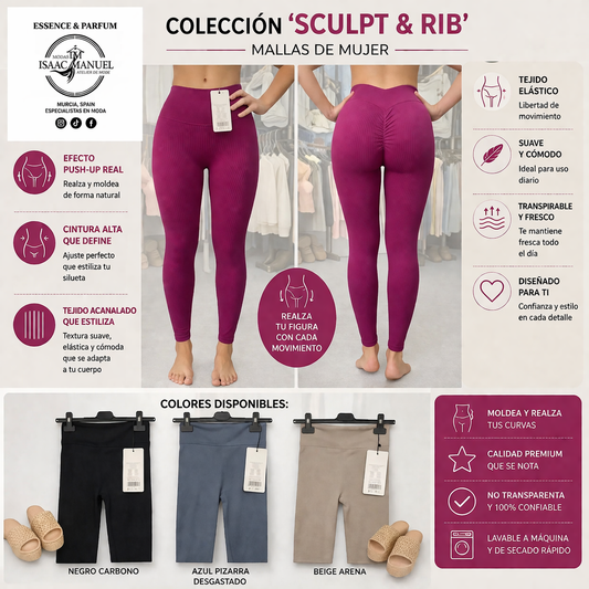 Mallas Deportivas Sculpt & Rib Mujer Push-Up Cintura Alta Acanaladas | Negro, Azul, Beige y Magenta
