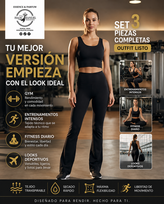 Conjunto Deportivo Triple Performance Mujer 3 Piezas | Chaqueta Técnica + Top + Leggings Pro-Dry | Negro, Gris y Robin | S/M y L/XL BZM024