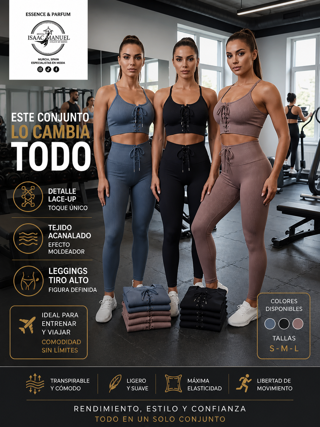 Conjunto Deportivo Lace-Up Pro Gym Mujer Acanalado | Top + Leggings Tiro Alto | Negro, Plateado y Marrón | S/M y L/XL