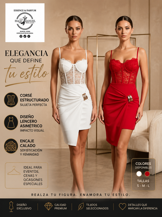 Vestido Gala Corset Mujer | Diseño Lencero Asimétrico con Encaje Calado | Talla Única | Rojo y Blanco