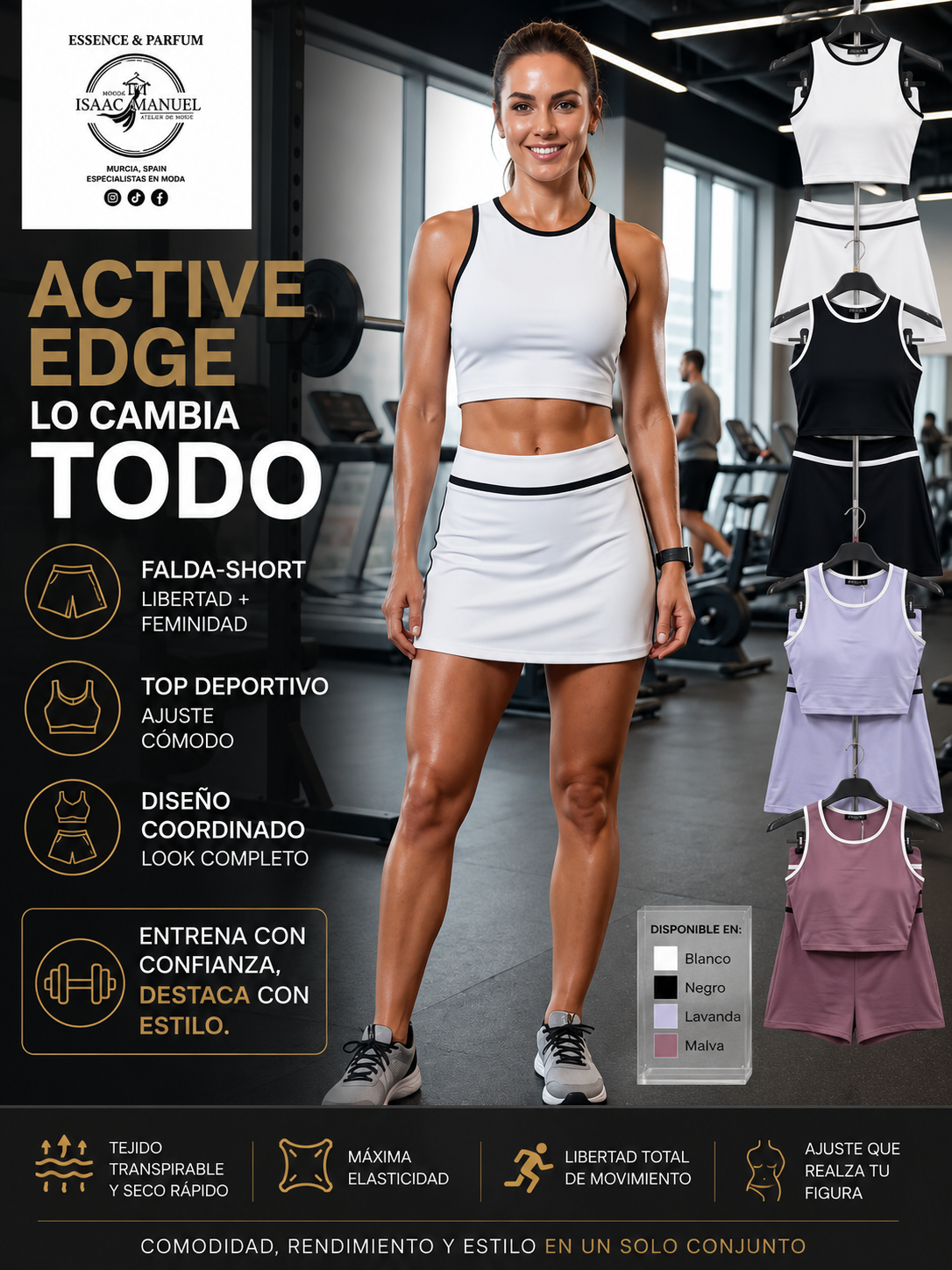 Conjunto Deportivo Active Edge Mujer Falda-Short y Top | Blanco, Negro, Lavanda, Malva | S/M y L/XL    RTT59190