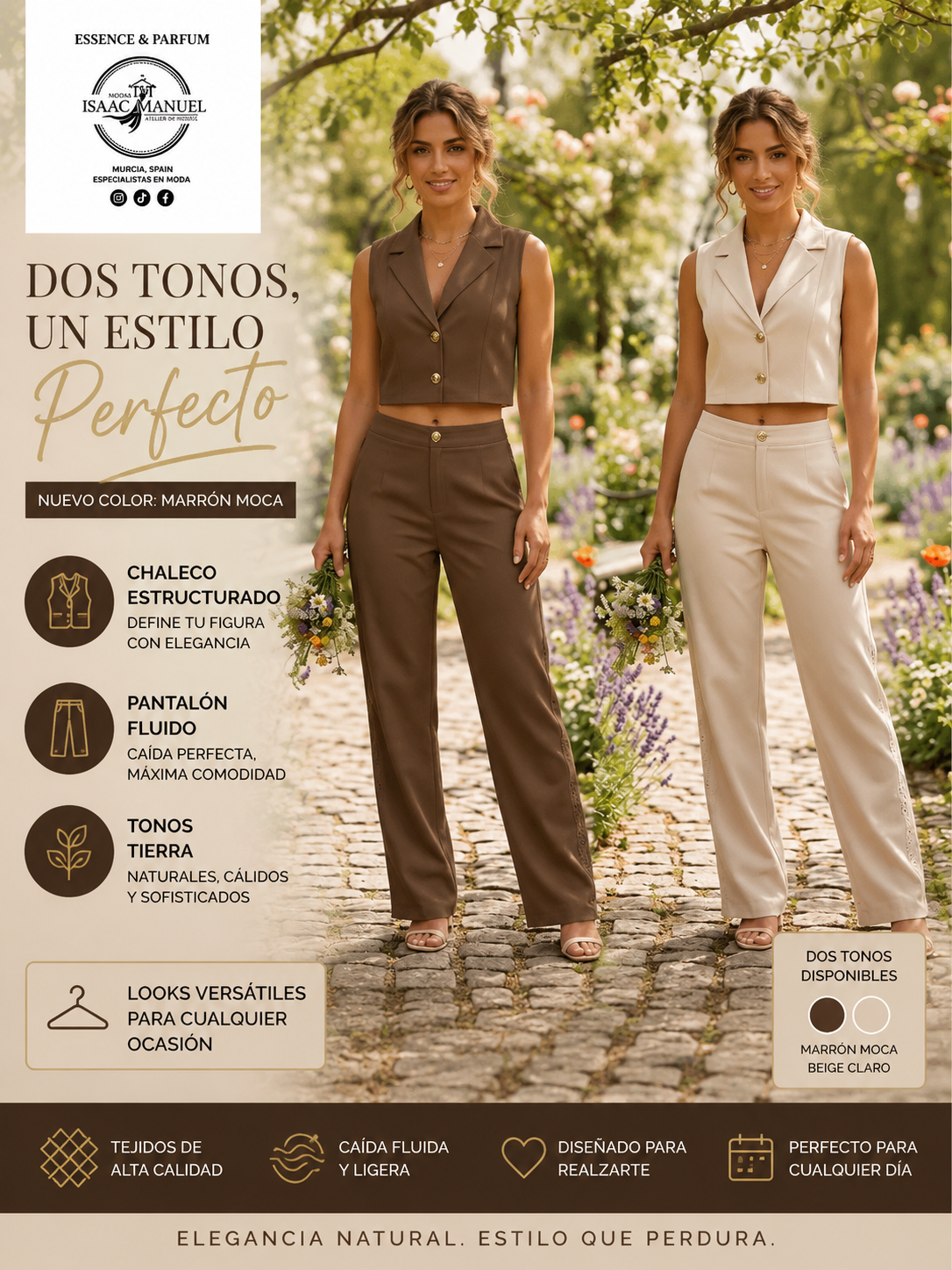 Conjunto Sienna Mujer Chaleco Sastre y Pantalón Elegante | Marrón Moca y Beige