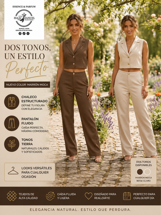 Conjunto Sienna Mujer Chaleco Sastre y Pantalón Elegante | Marrón Moca y Beige