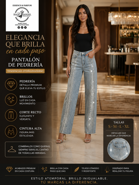 Jeans Glimmer Straight Mujer Corte Recto con Pedría y Brillos | Cintura Alta Denim | Tallas S-XL
