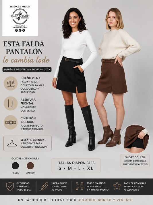 Falda Pantalón con Cinturón y Abertura Frontal Mujer | Corte Sastre 2 en 1 | Negro y Marrón | Talla Única