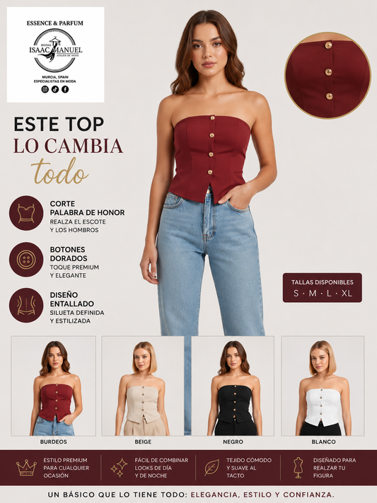 Top Bustier Palabra de Honor Mujer con Botones Dorados | Granate y Beige | Corte Entallado