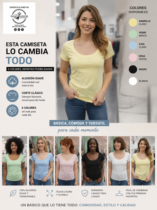 Camiseta Básica Algodón Mujer Manga Corta | Cuello Redondo | 6 Colores | Talla Única