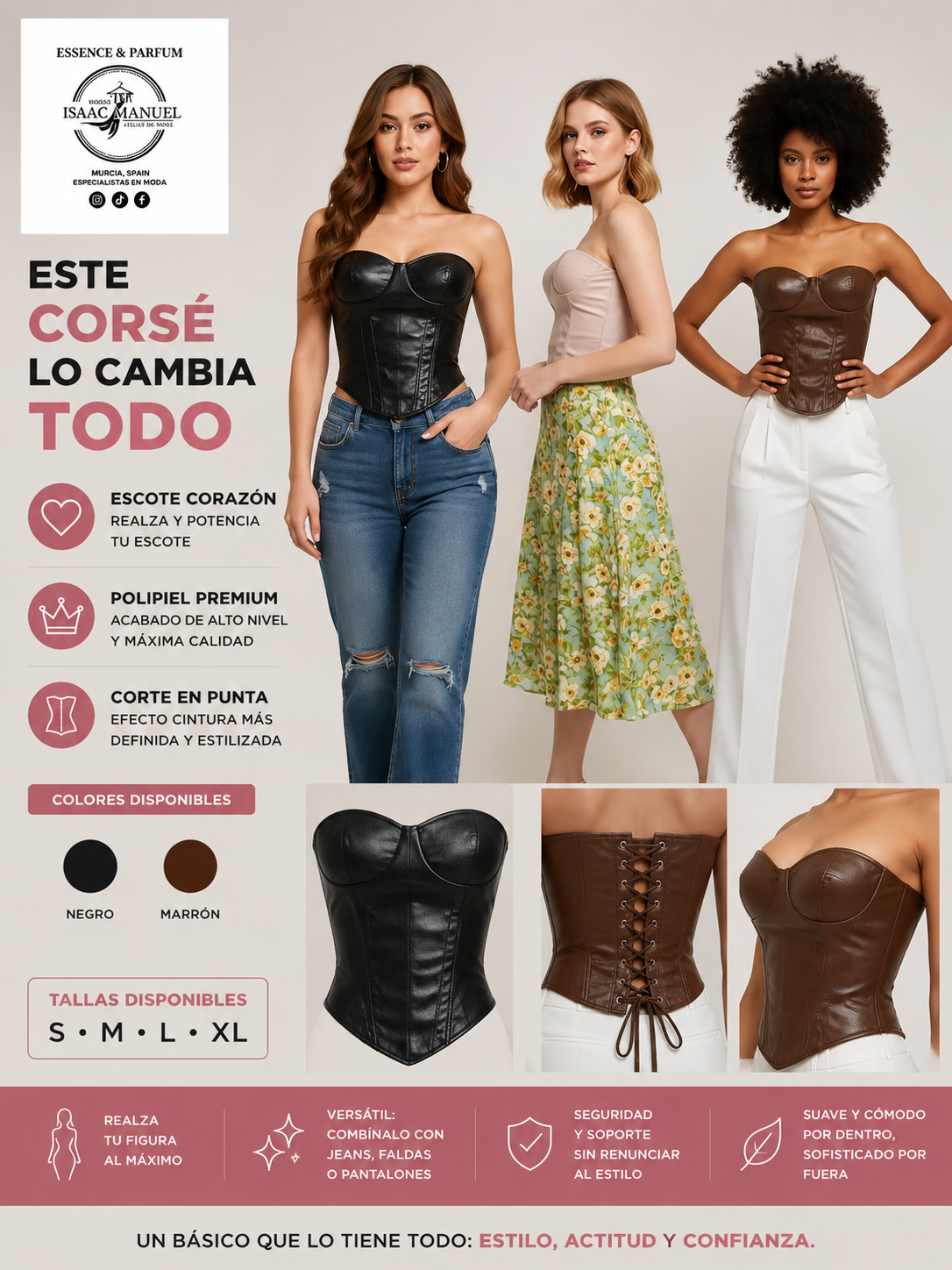 Top Corsé Polipiel Mujer | Bustier Escote Corazón | Negro, Rosa Empolvado y Marrón Chocolate