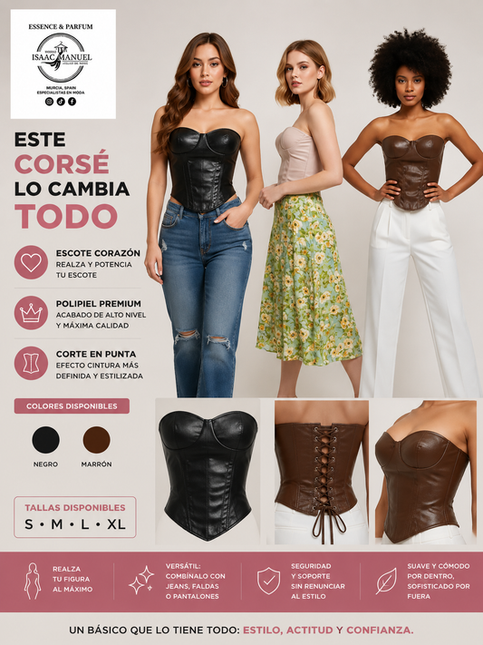 Top Corsé Polipiel Mujer | Bustier Escote Corazón | Negro, Rosa Empolvado y Marrón Chocolate