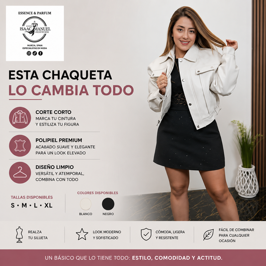 Chaqueta Polipiel Cazadora Mujer | Botones Metálicos y Bolsillos | Beige y Blanco | Talla Única