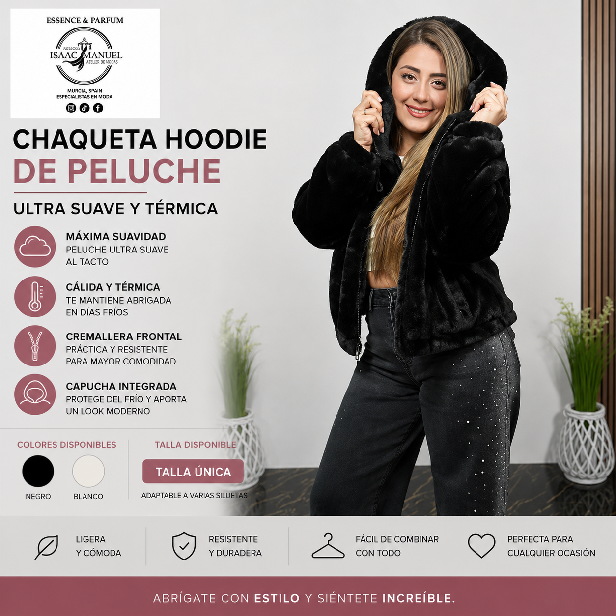 Chaqueta Hoodie de Peluche Mujer Ultra Suave y Térmica | Capucha y Cremallera | Negro y Blanco | Talla Única