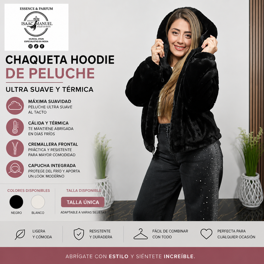 Chaqueta Hoodie de Peluche Mujer Ultra Suave y Térmica | Capucha y Cremallera | Negro y Blanco | Talla Única
