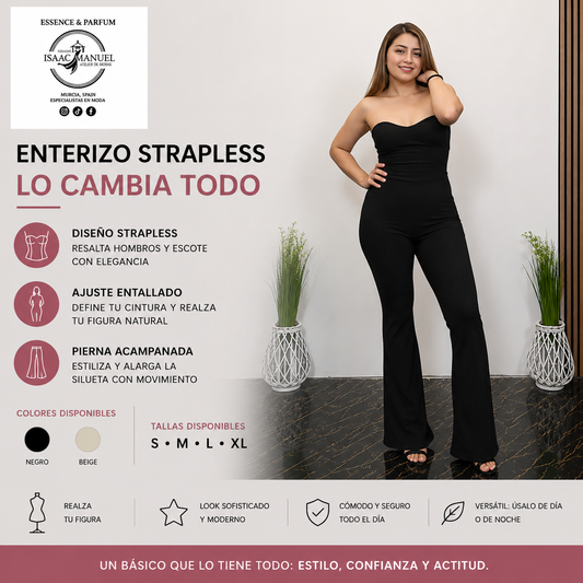 Enterizo strapless de  ajuste entallado, pierna ligeramente acampanada