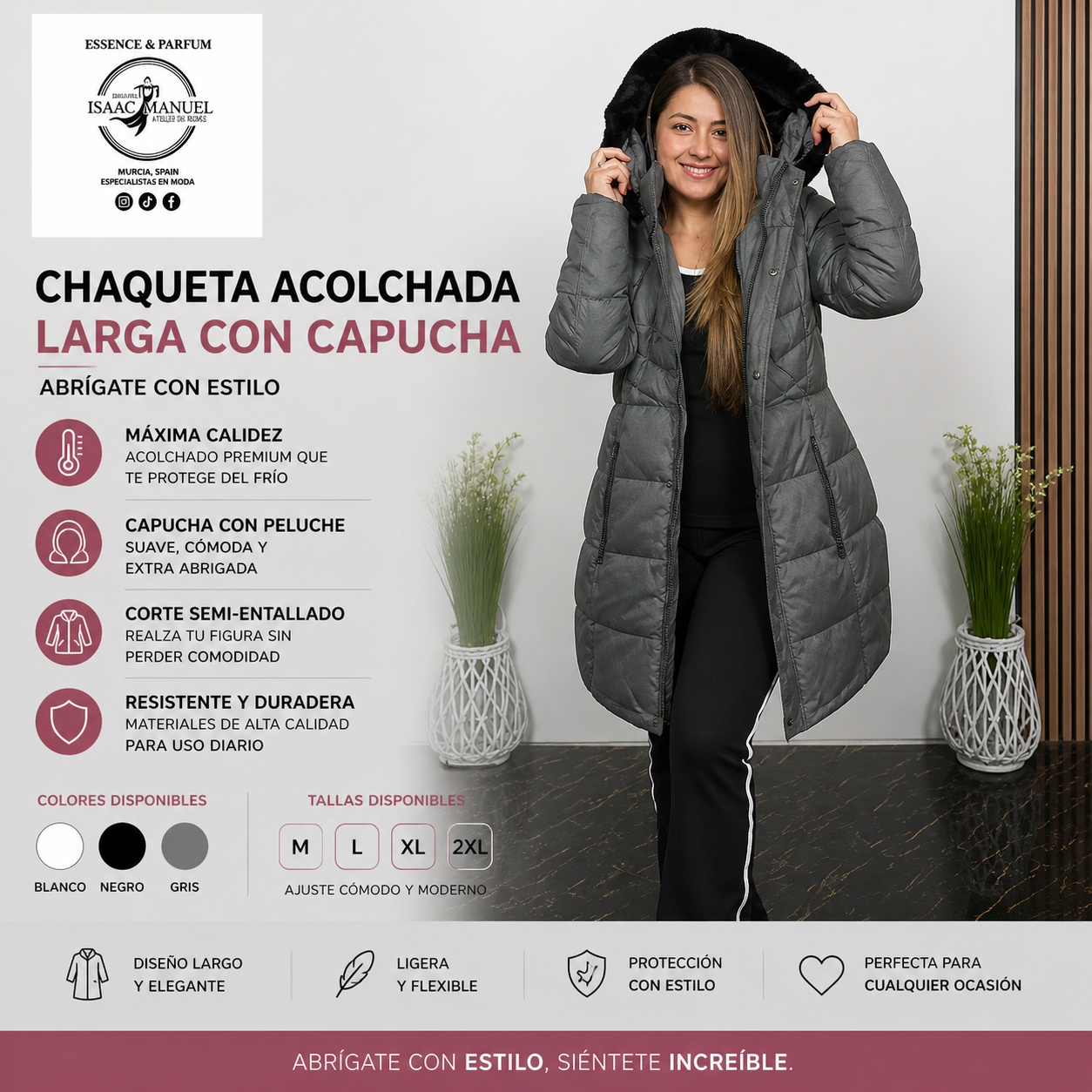 Chaqueta Acolchada Larga Mujer con Capucha Peluche | Semi-Entallada Térmica | Blanco, Negro y Gris | Tallas M-2XL