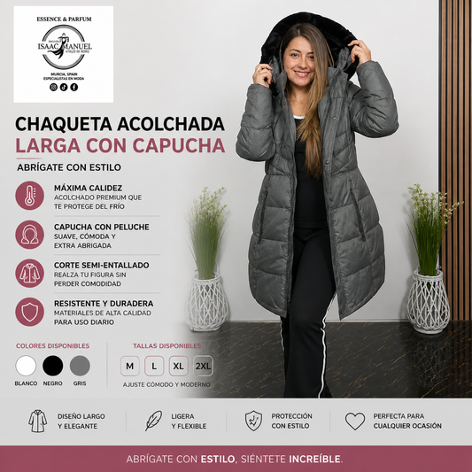 Chaqueta Acolchada Larga Mujer con Capucha Peluche | Semi-Entallada Térmica | Blanco, Negro y Gris | Tallas M-2XL