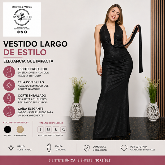 Vestido largo de estilo, confeccionado en tela con acabado brillante