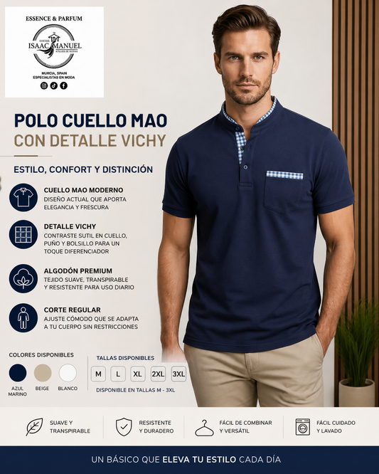 Polo Cuello Mao con Detalle Vichy Hombre | Corte Regular Algodón | Azul Marino, Beige y Blanco | Tallas M-3XL  ZT1035