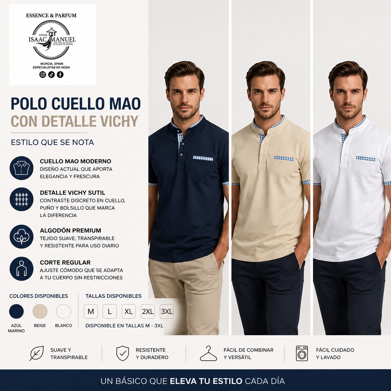 Polo Cuello Mao con Detalle Vichy Hombre | Corte Regular Algodón | Azul Marino, Beige y Blanco | Tallas M-3XL  ZT1035