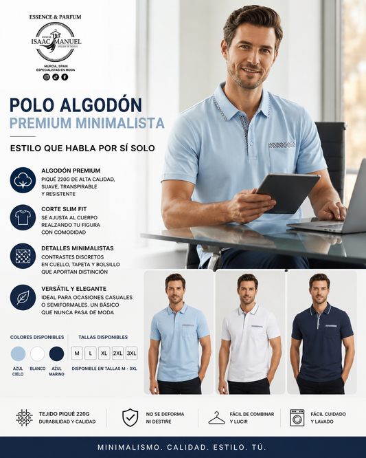 Polo Algodón Premium Minimalista Hombre | Slim Fit Piqué 220g | Azul Cielo, Blanco y Azul Marino | Tallas M-3XL ZT1032