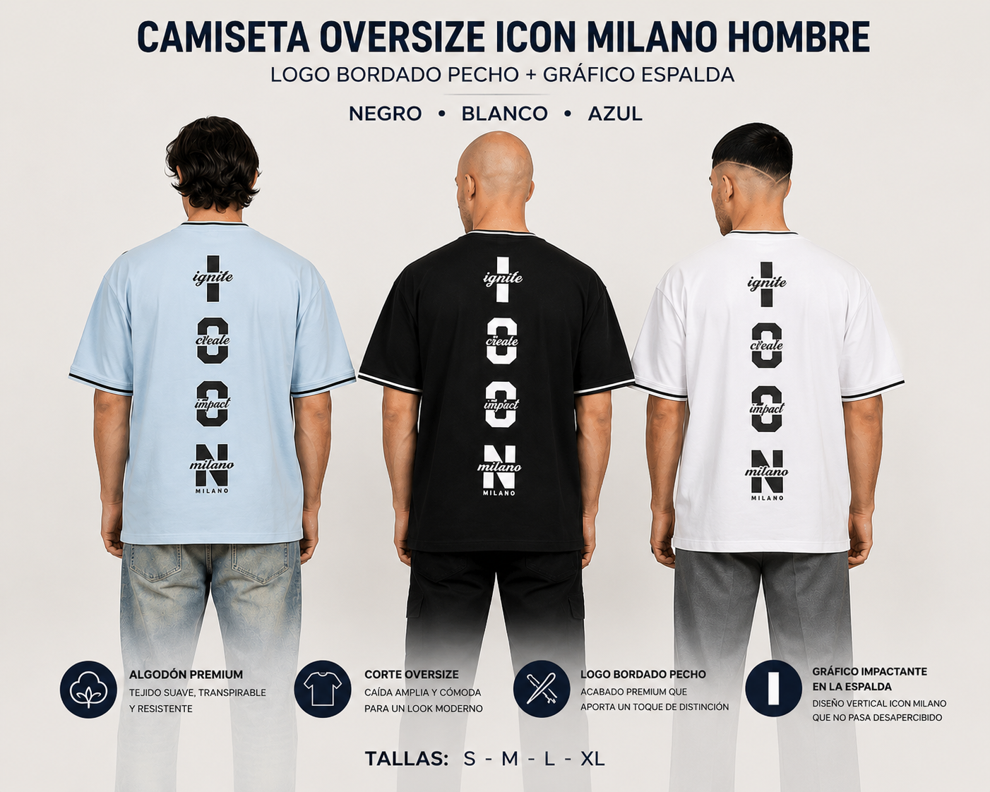 Camiseta Oversize Icon Milano Hombre | Logo Bordado Pecho + Gráfico Espalda | Negro, Blanco y Azul | Tallas S-XL