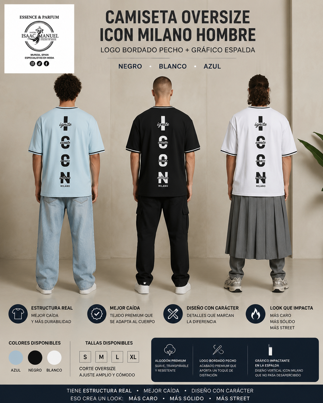 Camiseta Oversize Icon Milano Hombre | Logo Bordado Pecho + Gráfico Espalda | Negro, Blanco y Azul | Tallas S-XL