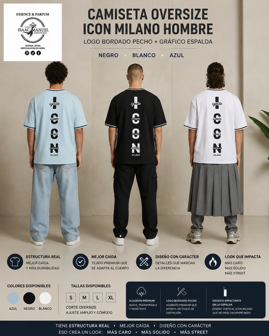 Camiseta Oversize Icon Milano Hombre | Logo Bordado Pecho + Gráfico Espalda | Negro, Blanco y Azul | Tallas S-XL