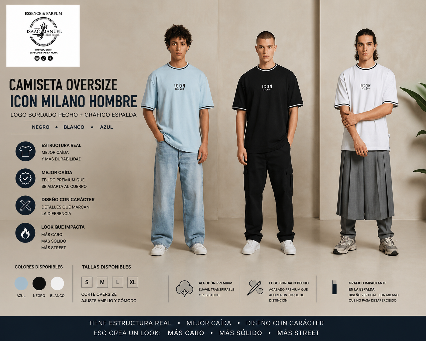 Camiseta Oversize Icon Milano Hombre | Logo Bordado Pecho + Gráfico Espalda | Negro, Blanco y Azul | Tallas S-XL