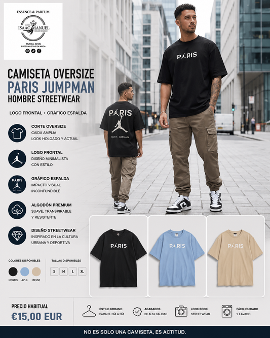 Camiseta Oversize Paris Jumpman Hombre Streetwear | Logo Frontal + Gráfico Espalda | Negro, Azul y Beige | Tallas S-XL